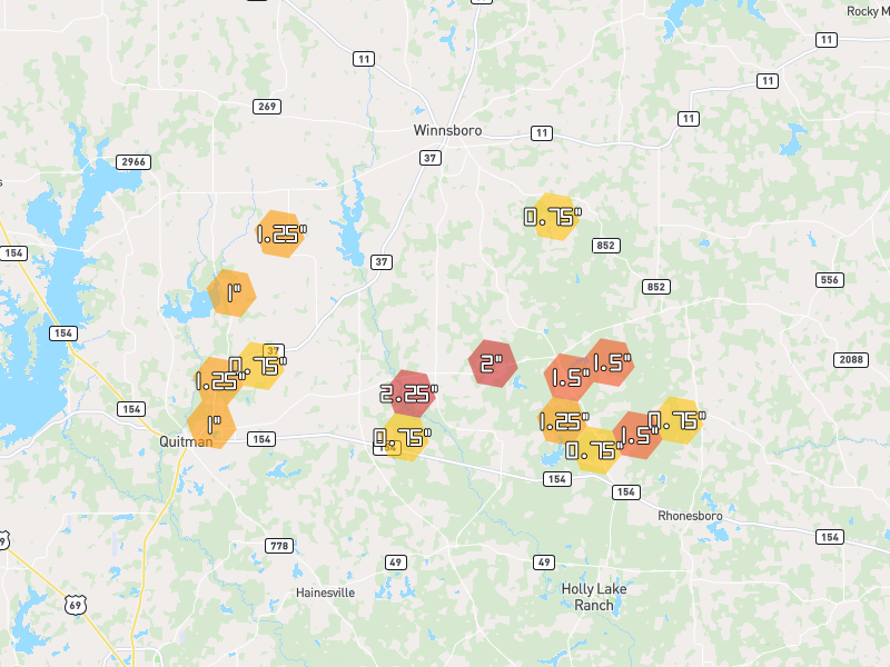Hail map of Winnsboro, TX on Jun 2, 2026, hail up to 2.25"