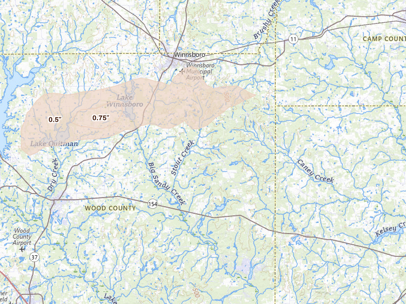 Radar-estimated hail-size map of the storm over Winnsboro, TX on Jun 6, 2026