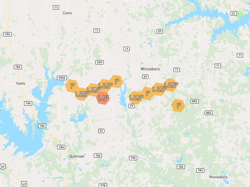 Hail map of Winnsboro, TX on Jun 7, 2026, hail up to 1.5"