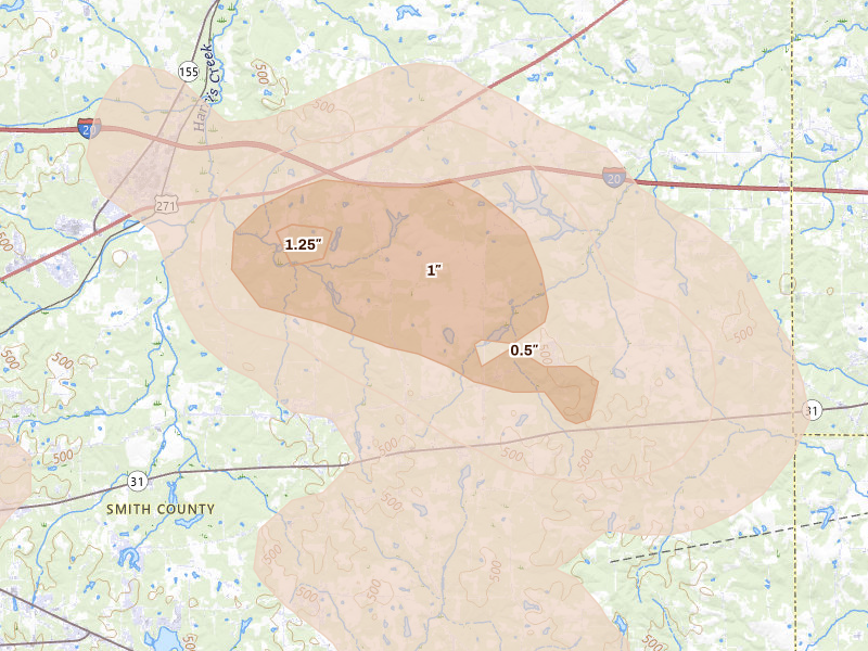 Radar-estimated hail-size map of the storm over Winona, TX on Apr 24, 2026