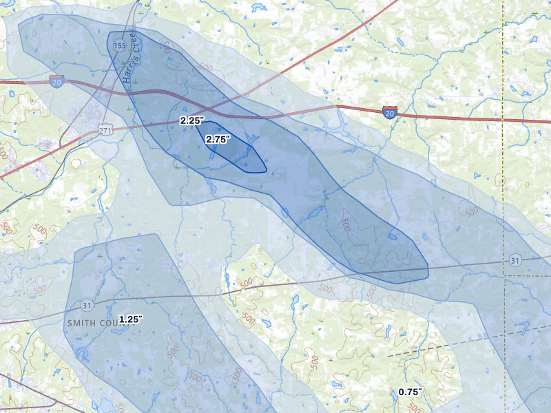 NEXRAD radar-signature map of the hail over Winona, TX