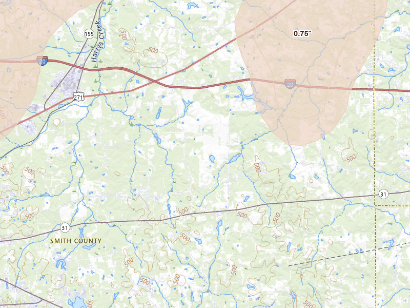 Radar-estimated hail-size map of the storm over Winona, TX on May 22, 2026