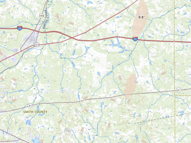 Radar-estimated hail-size map of the storm over Winona, TX