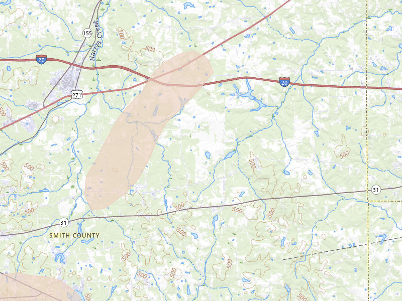 Radar-estimated hail-size map of the storm over Winona, TX on Jun 2, 2026