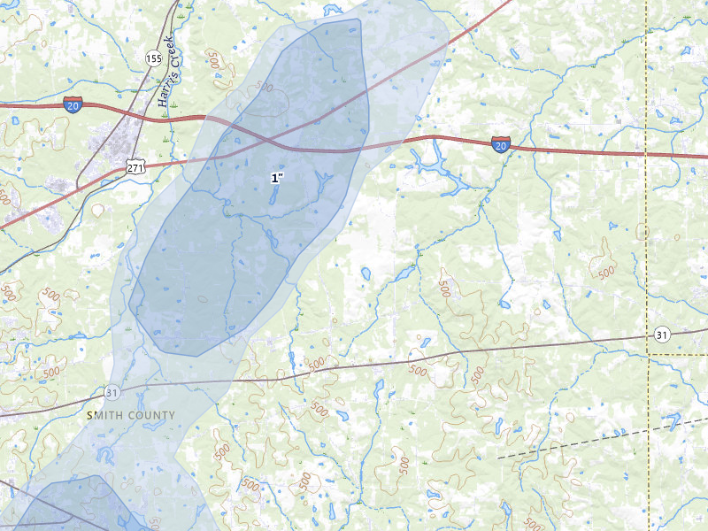NEXRAD radar-signature map of the hail over Winona, TX