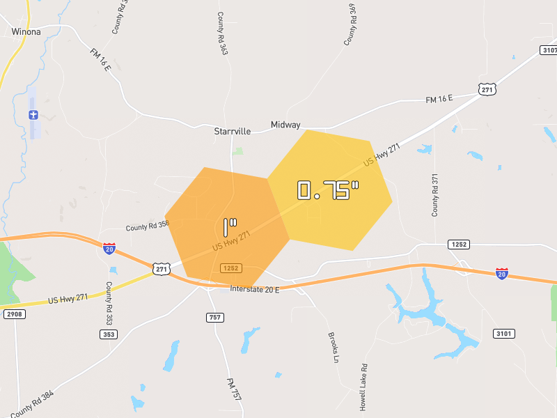 Hail map of Winona, TX on Jun 2, 2026, hail up to 1"