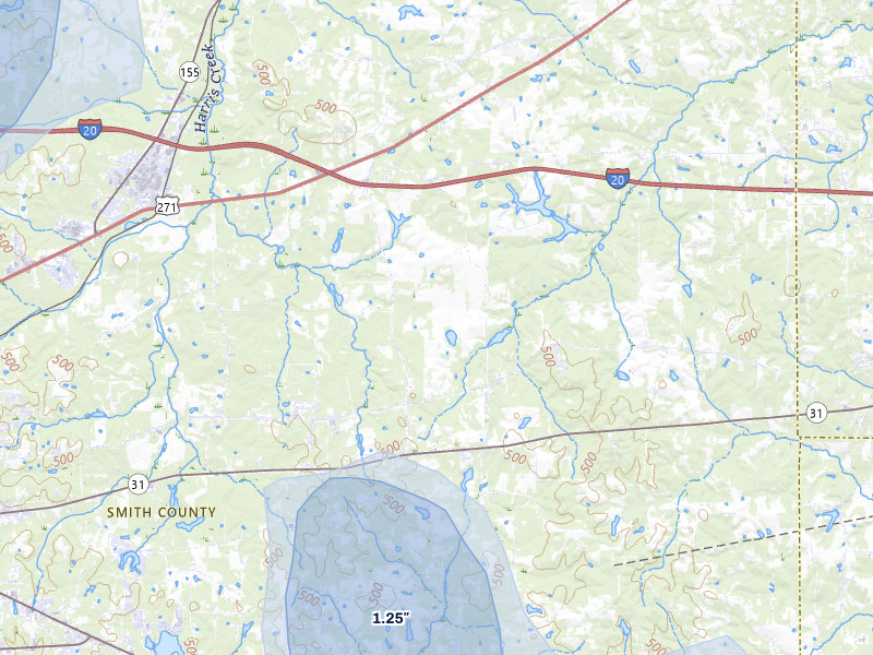 NEXRAD radar-signature map of the hail storm over Winona, TX on Jul 7, 2026