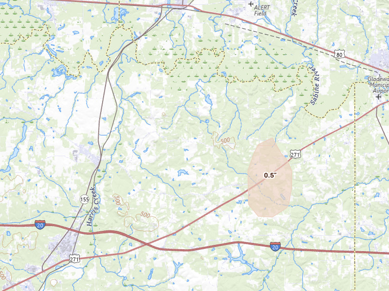 Radar-estimated hail-size map of the storm over Winona, TX on Aug 7, 2026