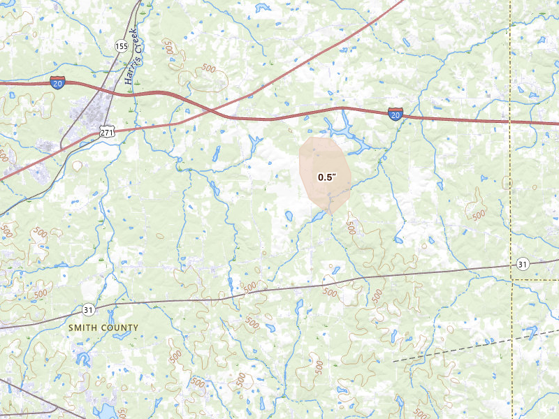 Radar-estimated hail-size map of the storm over Winona, TX on Aug 8, 2026