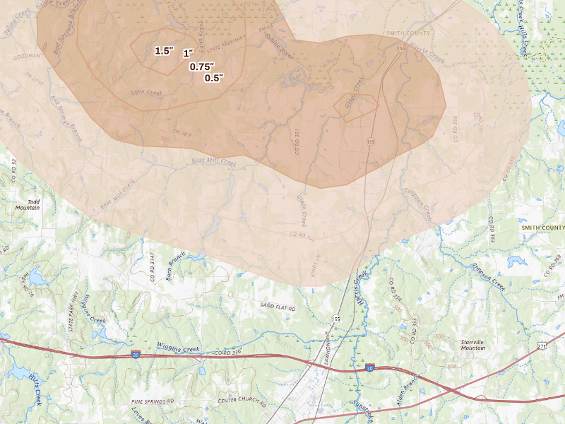 Radar-estimated hail-size map of the storm over Winona, TX