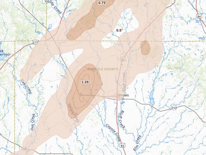 Radar-estimated hail-size map of the storm over Winters, TX on Mar 10, 2026