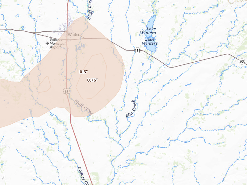 Radar-estimated hail-size map of the storm over Winters, TX on Apr 11, 2026