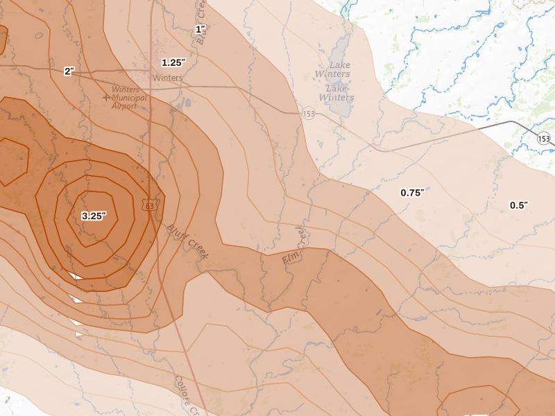 Radar-estimated hail-size map of the storm over Winters, TX on May 10, 2026