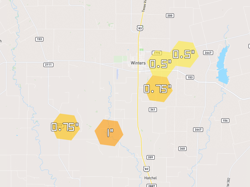 Hail map of Winters, TX on Jun 6, 2026, hail up to 1"