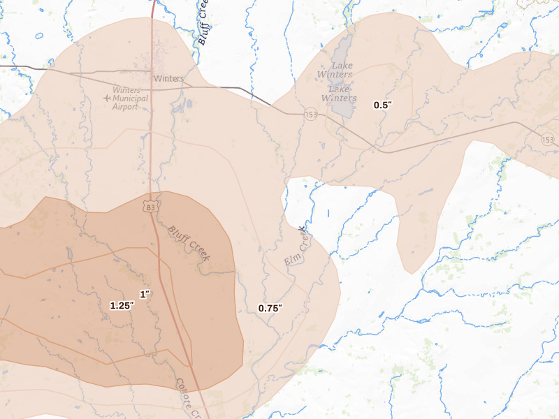 Radar-estimated hail-size map of the storm over Winters, TX on Jun 18, 2026