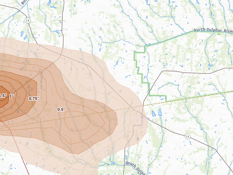 Radar-estimated hail-size map of the storm over Wolfe City, TX on Apr 26, 2026