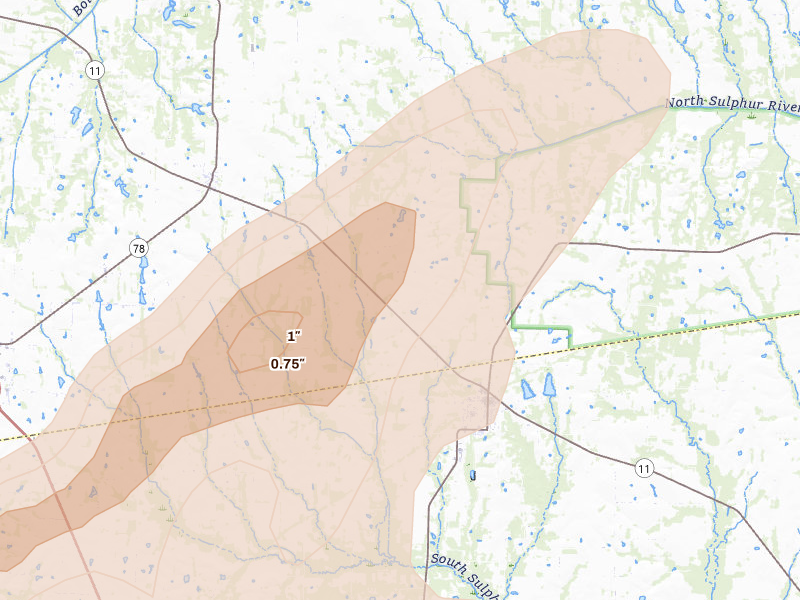 Radar-estimated hail-size map of the storm over Wolfe City, TX on Apr 27, 2026