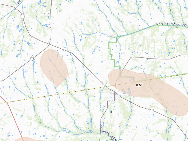 Radar-estimated hail-size map of the storm over Wolfe City, TX on Jun 19, 2026