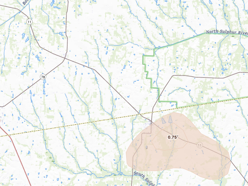 Radar-estimated hail-size map of the storm over Wolfe City, TX on Jul 6, 2026