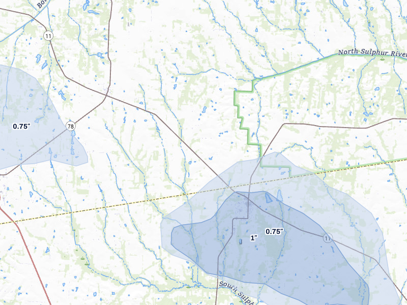 NEXRAD radar-signature map of the hail storm over Wolfe City, TX on Jul 6, 2026