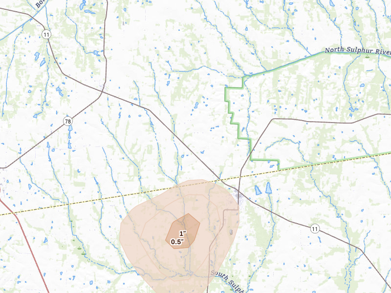 Radar-estimated hail-size map of the storm over Wolfe City, TX on Jul 7, 2026