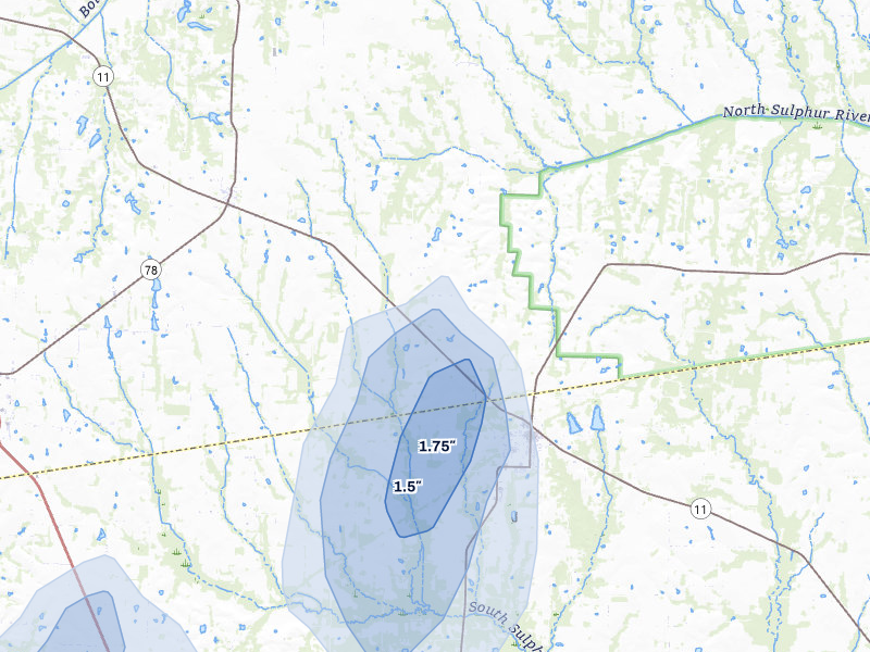 NEXRAD radar-signature map of the hail storm over Wolfe City, TX on Jul 7, 2026