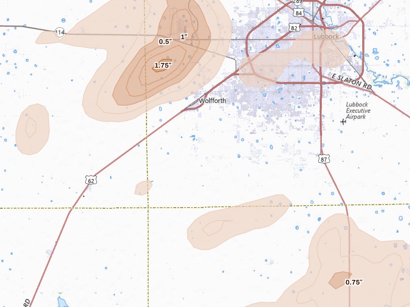 Radar-estimated hail-size map of the storm over Wolfforth, TX on May 31, 2026