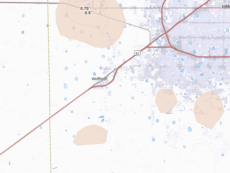 Radar-estimated hail-size map of the storm over Wolfforth, TX on Aug 13, 2026