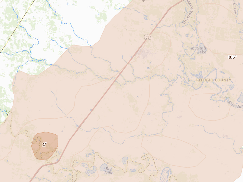 Radar-estimated hail-size map of the storm over Woodsboro, TX on May 18, 2026