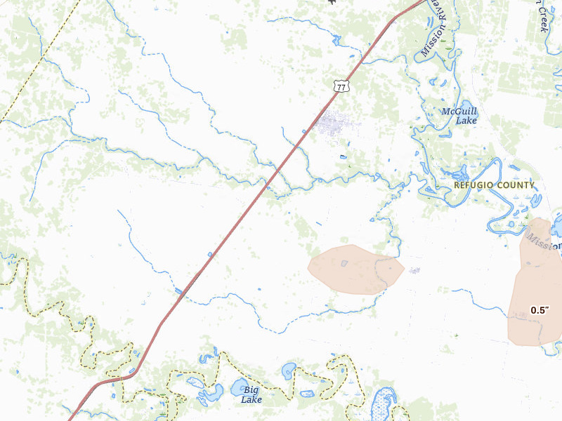 Radar-estimated hail-size map of the storm over Woodsboro, TX on May 19, 2026