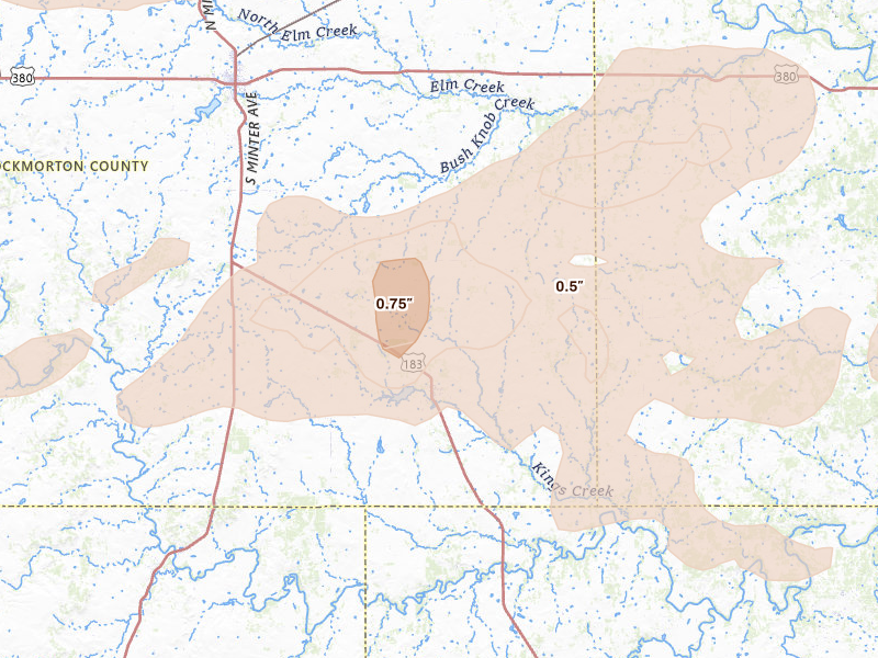 Radar-estimated hail-size map of the storm over Woodson, TX on May 10, 2026