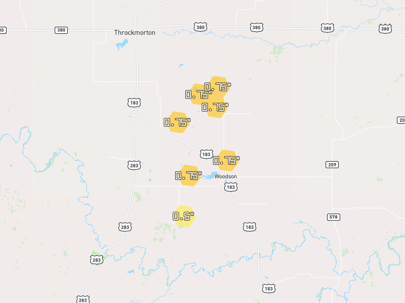 Hail map of Woodson, TX on Jun 6, 2026, hail up to 0.75"