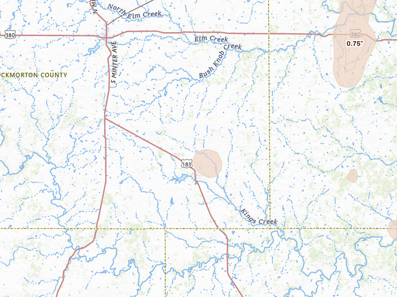 Radar-estimated hail-size map of the storm over Woodson, TX on Jul 19, 2026