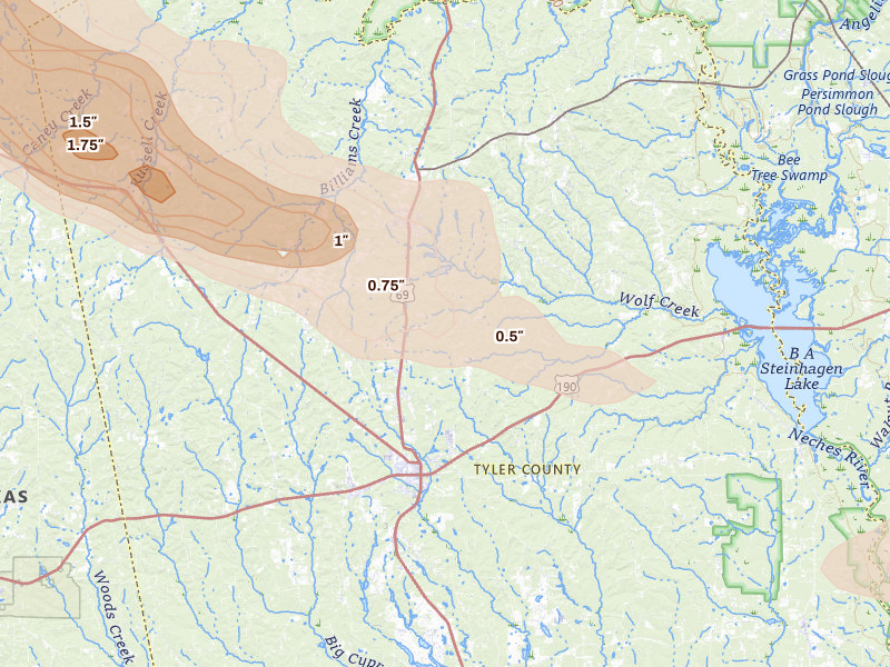 Radar-estimated hail-size map of the storm over Woodville, TX on Mar 15, 2026