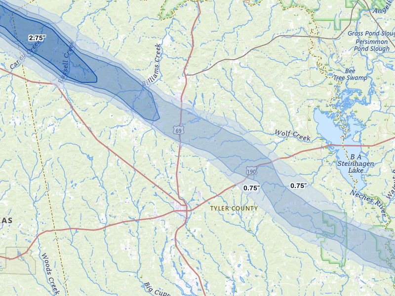 NEXRAD radar-signature map of the hail over Woodville, TX