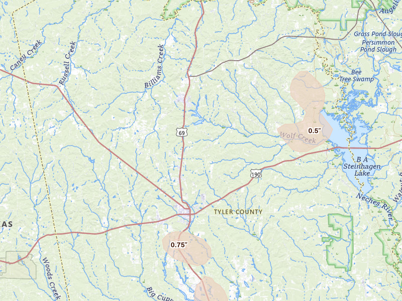 Radar-estimated hail-size map of the storm over Woodville, TX on May 9, 2026