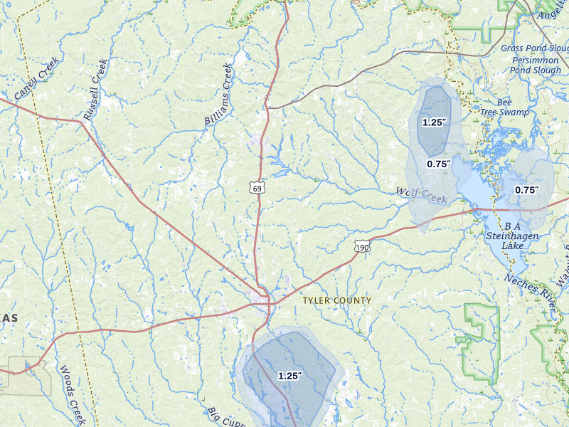 NEXRAD radar-signature map of the hail over Woodville, TX