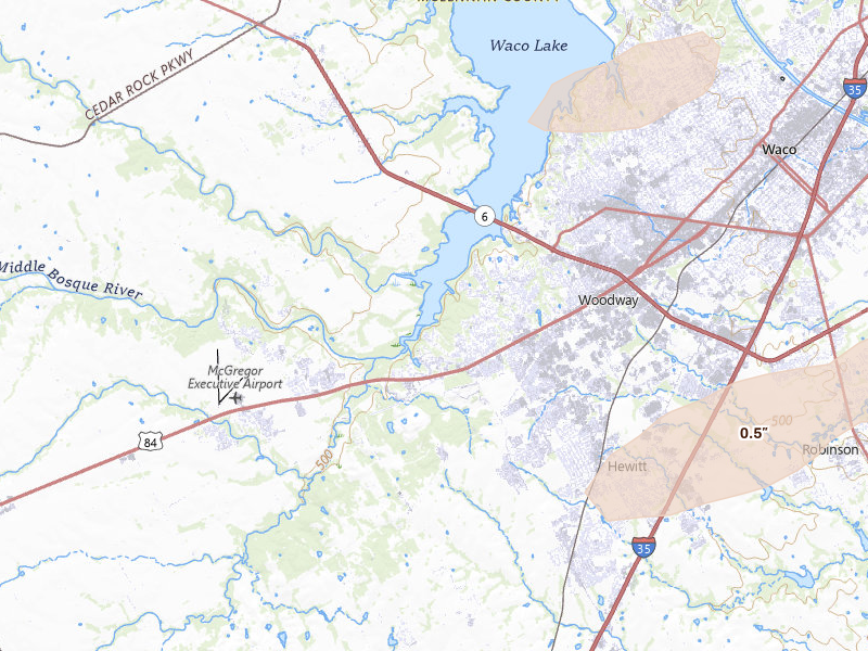 Radar-estimated hail-size map of the storm over Woodway, TX on Apr 12, 2026
