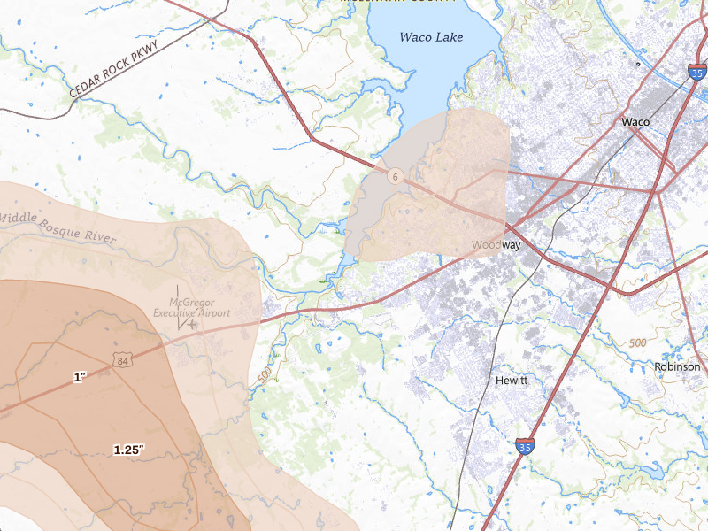 Radar-estimated hail-size map of the storm over Woodway, TX on May 10, 2026