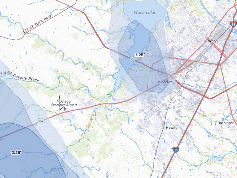 NEXRAD radar-signature map of the hail storm over Woodway, TX on May 10, 2026