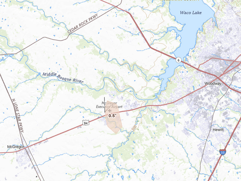 Radar-estimated hail-size map of the storm over Woodway, TX on Aug 26, 2026