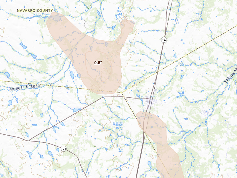 Radar-estimated hail-size map of the storm over Wortham, TX on May 25, 2026