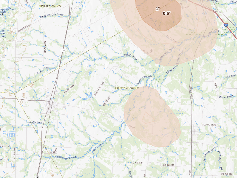 Radar-estimated hail-size map of the storm over Wortham, TX