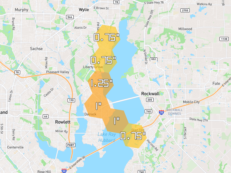Hail map of Wylie, TX on Jul 13, 2026, hail up to 1.25"