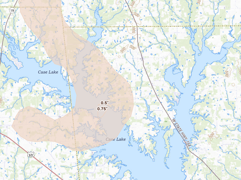 Radar-estimated hail-size map of the storm over Yantis, TX on Jul 6, 2026
