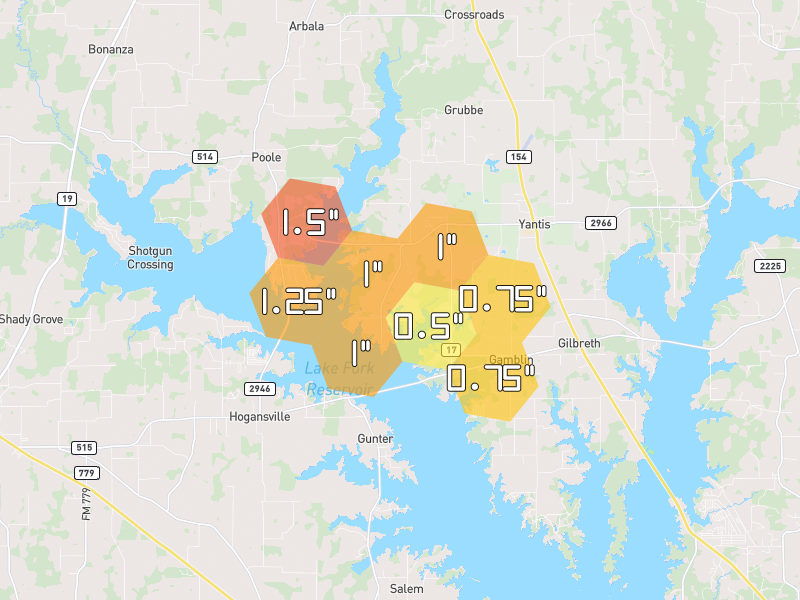 Hail map of Yantis, TX on Jul 7, 2026, hail up to 1.5"
