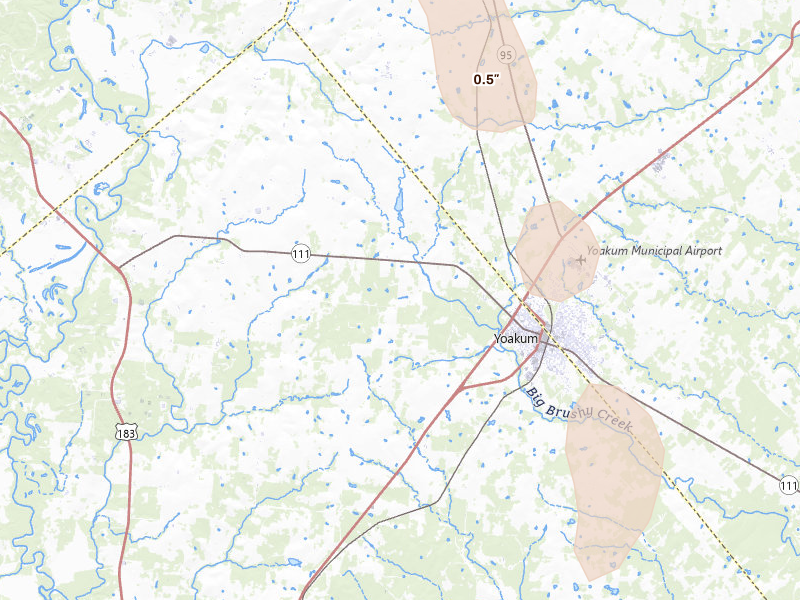 Radar-estimated hail-size map of the storm over Yoakum, TX on Jul 7, 2026