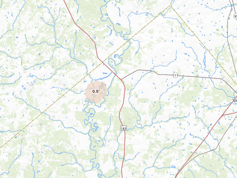 Radar-estimated hail-size map of the storm over Yoakum, TX on Aug 27, 2026