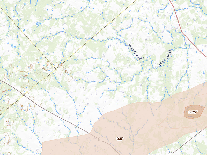Radar-estimated hail-size map of the storm over Yorktown, TX on Apr 30, 2026