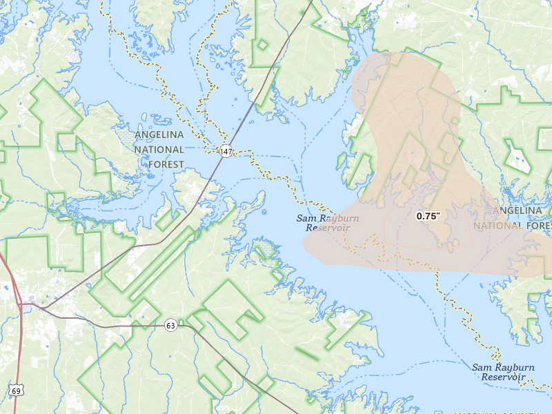 Radar-estimated hail-size map of the storm over Zavalla, TX on Jun 2, 2026